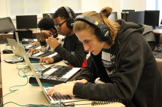 Christian Sessoms and Webb Dieter practiced electronic music production during the Best Buy Grammy Camp. (Photo: Jatziri Campos)