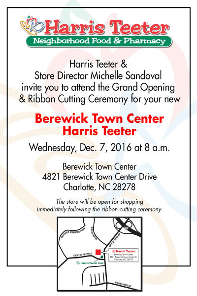 Harris Teeter to welcome shoppers to its Berewick Town Center location in Charlotte, NC on December 7, 2016 