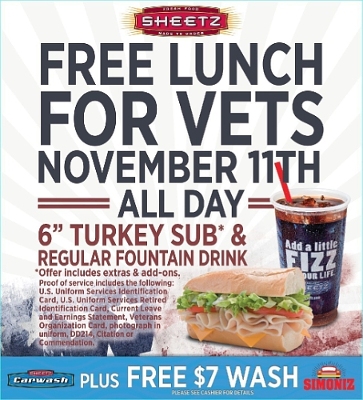 Sheetz invites all veterans and current servicemen and women to enjoy a free meal on Friday, Nov. 11 