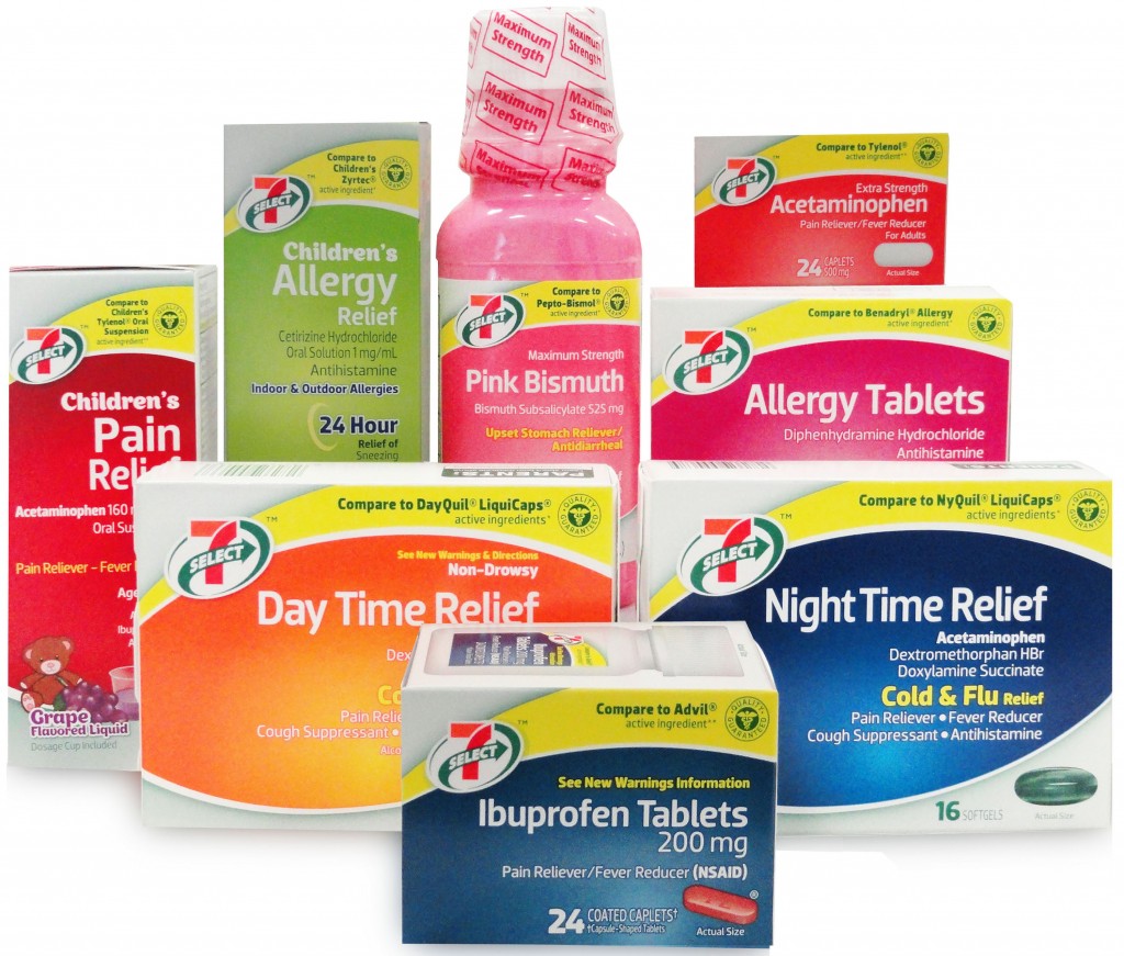 7‑Eleven, Inc. launches its high-quality 7-Select line of other-the-counter pain relievers. Pictured here are eight of the 34 medications 7‑Eleven stores can choose for their customers. These products are value-priced when compared to the name-brand competitors on 7‑Eleven store shelves.