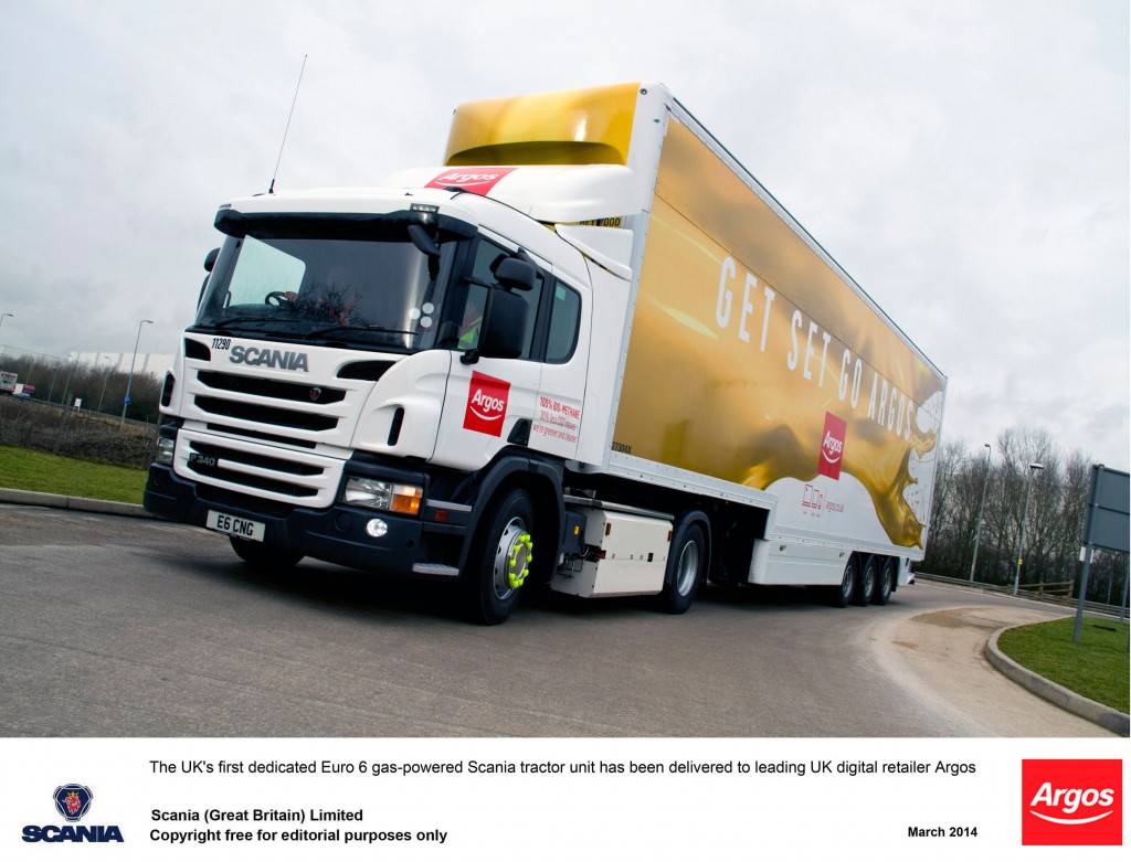 Scania designed Euro 6 compliant trucks running on biomethane gas hit the road with Argos 