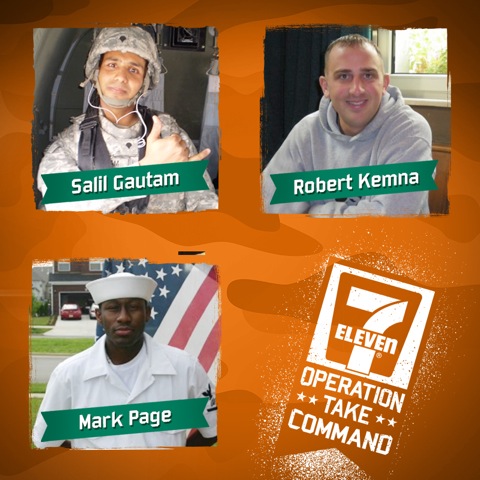 Selected by public vote, the three finalists have been named in 7‑Eleven’s Operation: Take Command contest - a competition for one military vet to win a franchise fee-free 7‑Eleven store. They are, from top left, Army vets Salil Gautam of Chesapeake, Va., and Robert Kemna of Miami, and Navy vet Mark Anthony Page of Granbury, Texas.