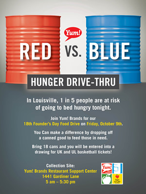Yum! Brands celebrates its 18th anniversary on October 9th with a Red vs Blue Hunger “Drive-Thru” 