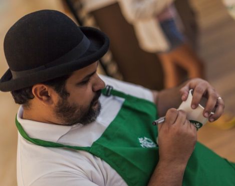 Artist Ismael Gudiño to personalize cups for customers of the new café of Starbucks in Santa Cruz, Bolivia 