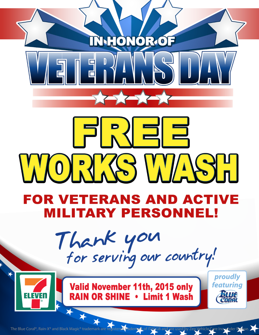 More than 300 7‑Eleven stores with car washes in 16 states offer active and veteran military personnel a free vehicle cleaning on Nov. 11, Veterans Day.