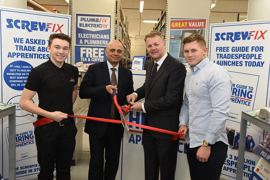 Picture: Josh Lee**, Business Secretary Sajid Javid, Andrew Livingston CEO of Screwfix and James Ling** 'cutting the red tape to hiring apprentices' at a Screwfix store in Brixton on Thursday 25 February 2016.