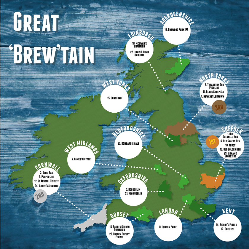 Tesco's map of ‘Brew-tain’ reveals Suffolk as the champion when it comes to producing UK’s favourite bottled beers 