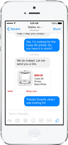 Facebook Messenger functionalities on Staples’ mobile website, allowing customers to use Messenger to enhance their shopping session. (Photo: Business Wire)