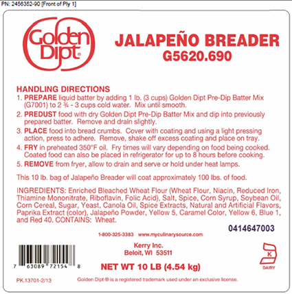 Kerry Inc. of Beloit, WI recalls two lots of Golden Dipt® Jalapeño Breader 