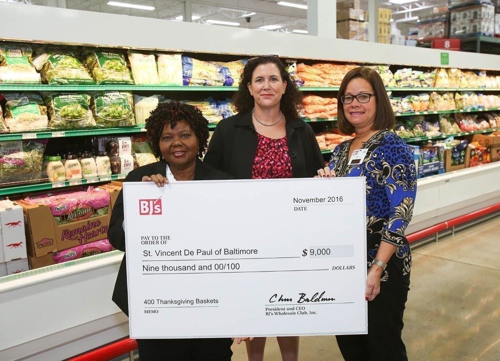 BJ's Wholesale Clubs donates to St. Vincent de Paul of Baltimore to help families in need this Thanksgiving 