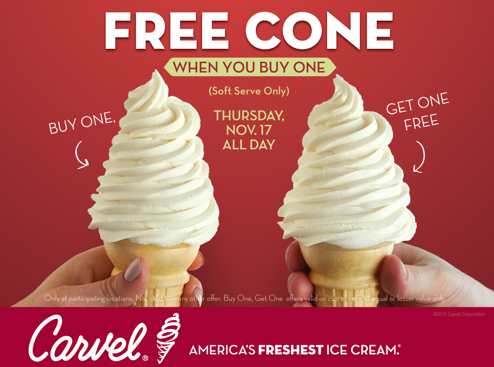 Carvel to host Buy-One-Get-One Free Cone Day and to raise funds for continued Hurricane Matthew relief efforts, November 17th 